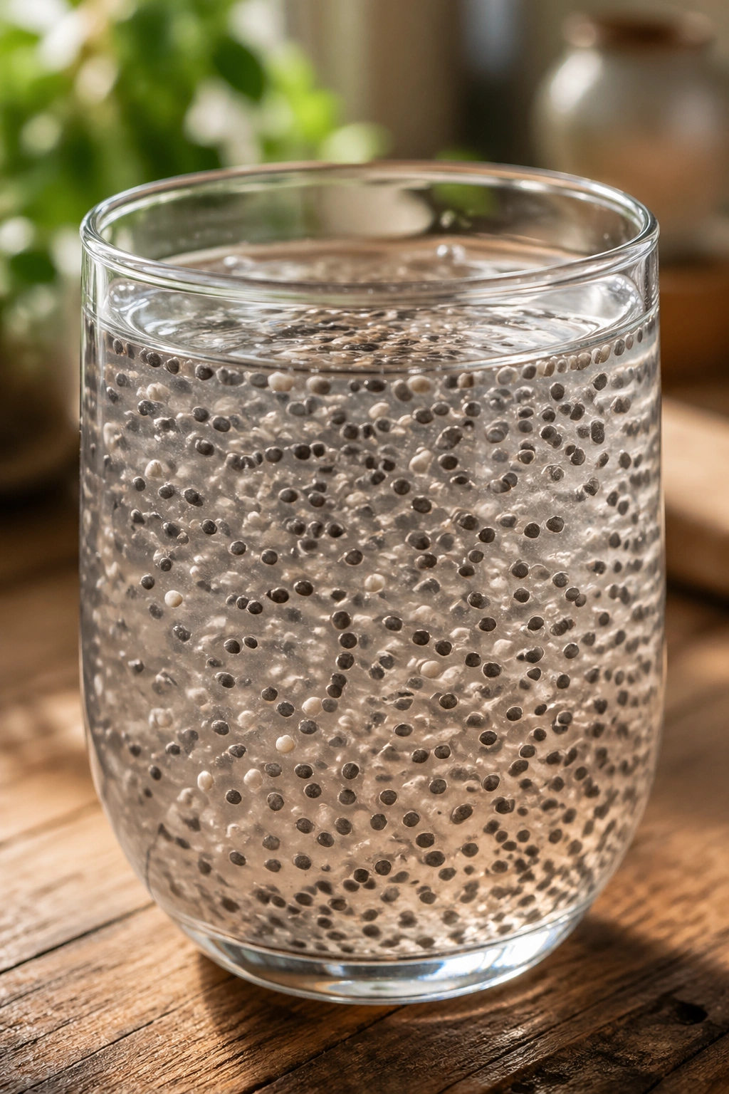 Close-up of a glass of chia water showing gelled seeds on a rustic wooden counter