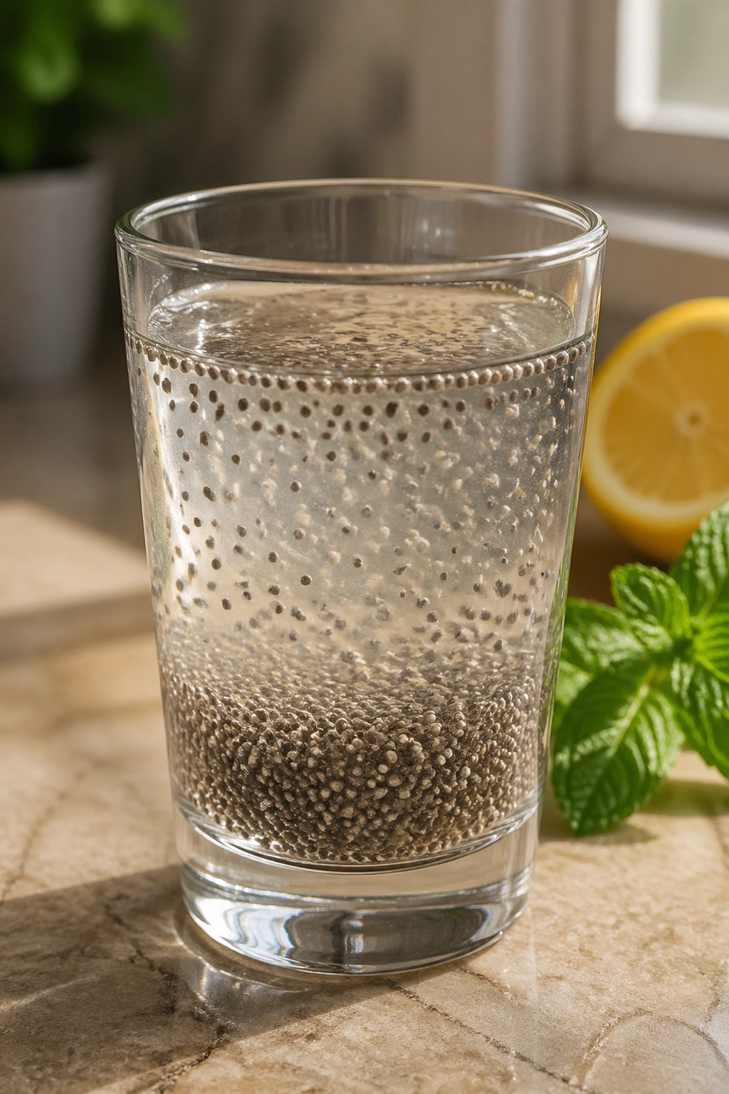 Chia water glass with seeds in clear liquid garnished with lemon.