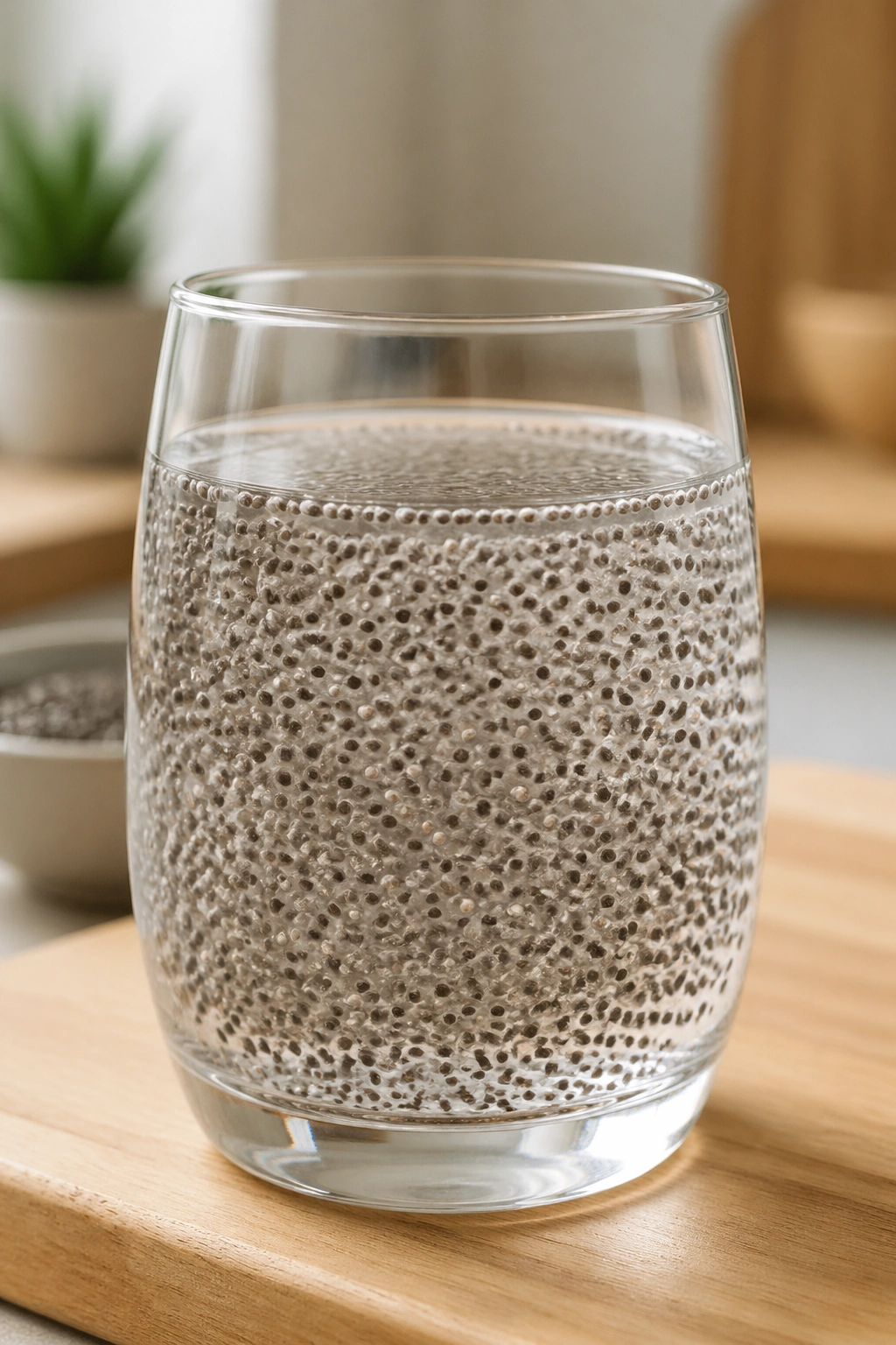 Close-up of a glass of chia water with swollen seeds on a wooden surface