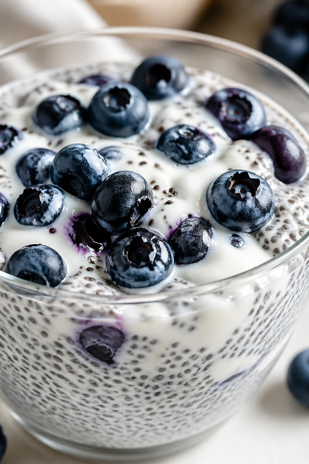 Chia pudding with Greek yogurt and blueberries in a glass bowl