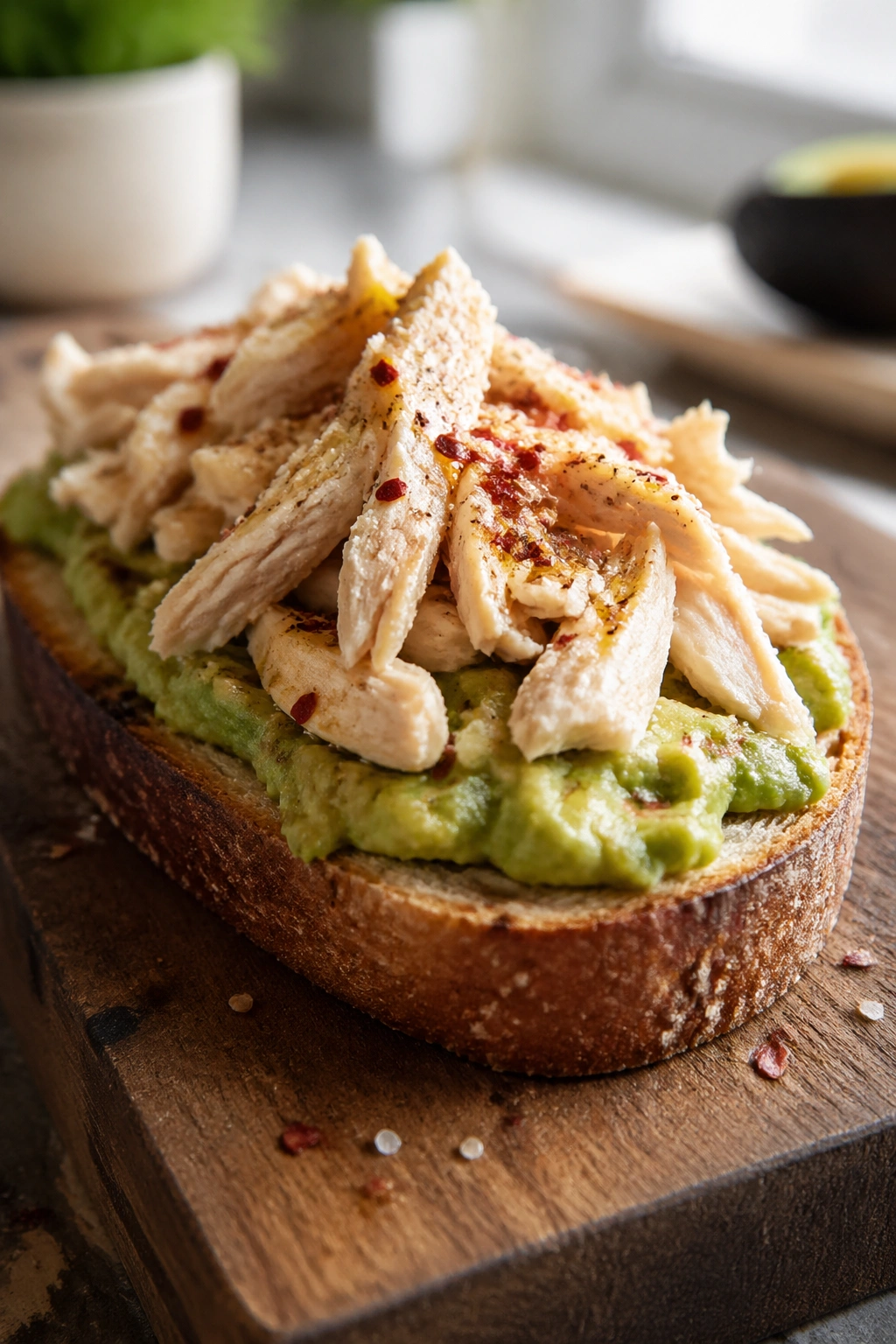 Close-up of chicken avocado toast on rustic bread