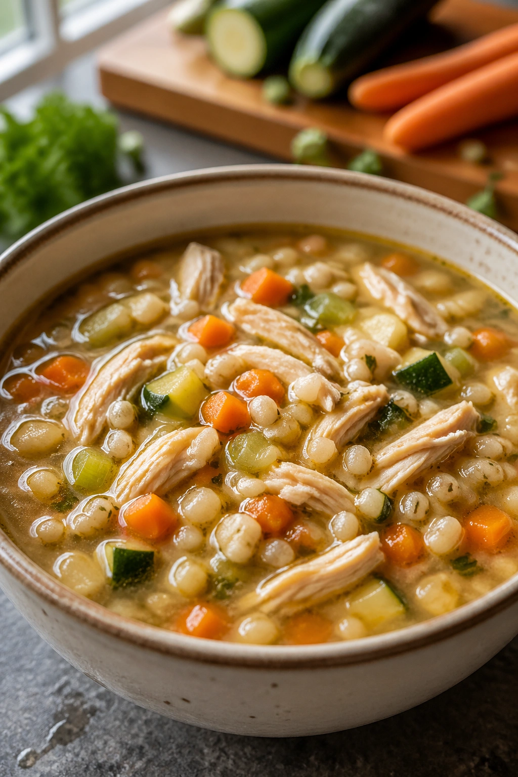 Close-up of chicken barley soup in a bowl with barley, carrots, celery, and zucchini in a warm broth.