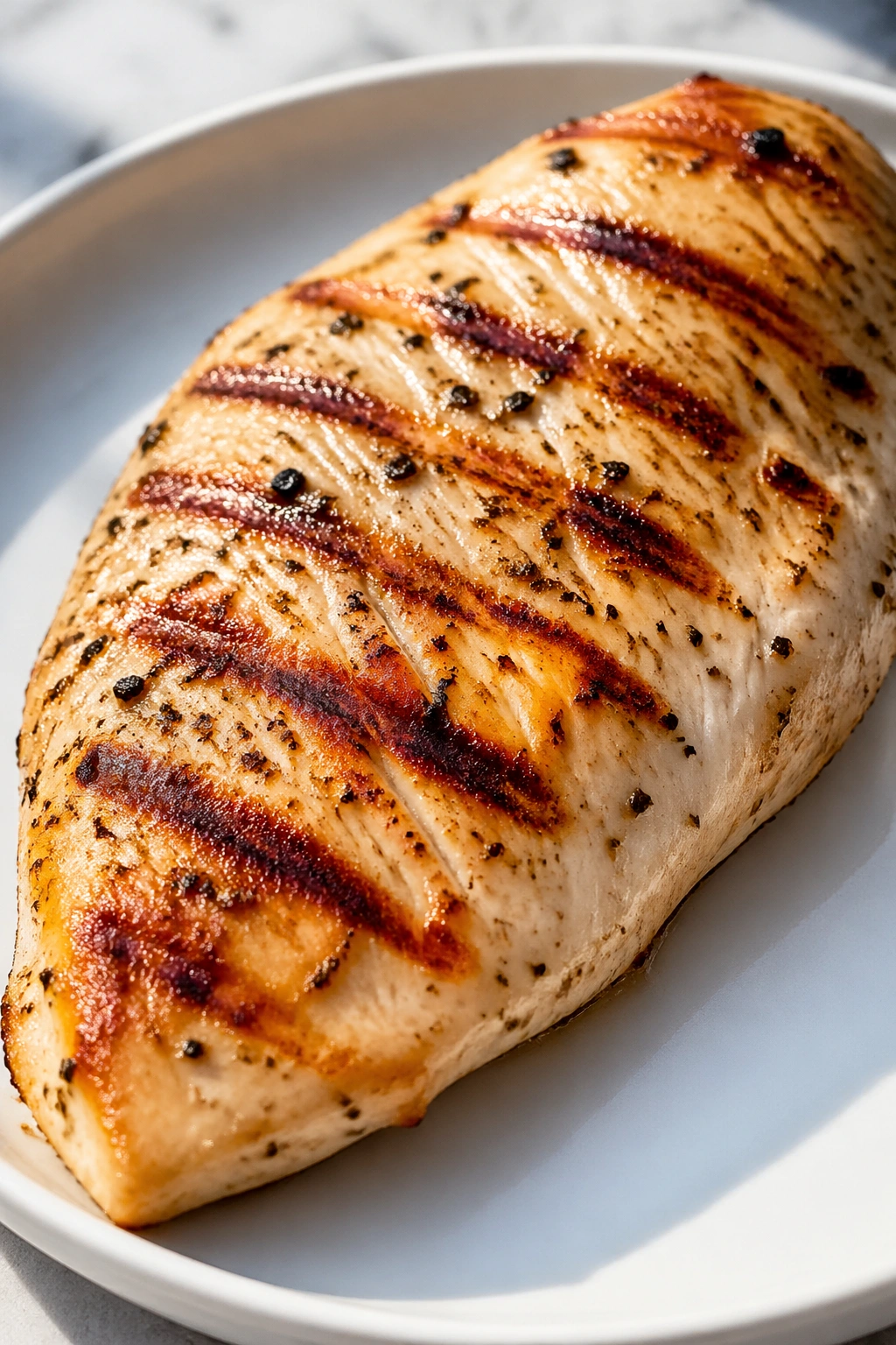 Close-up of grilled chicken breast on a plate filling the frame