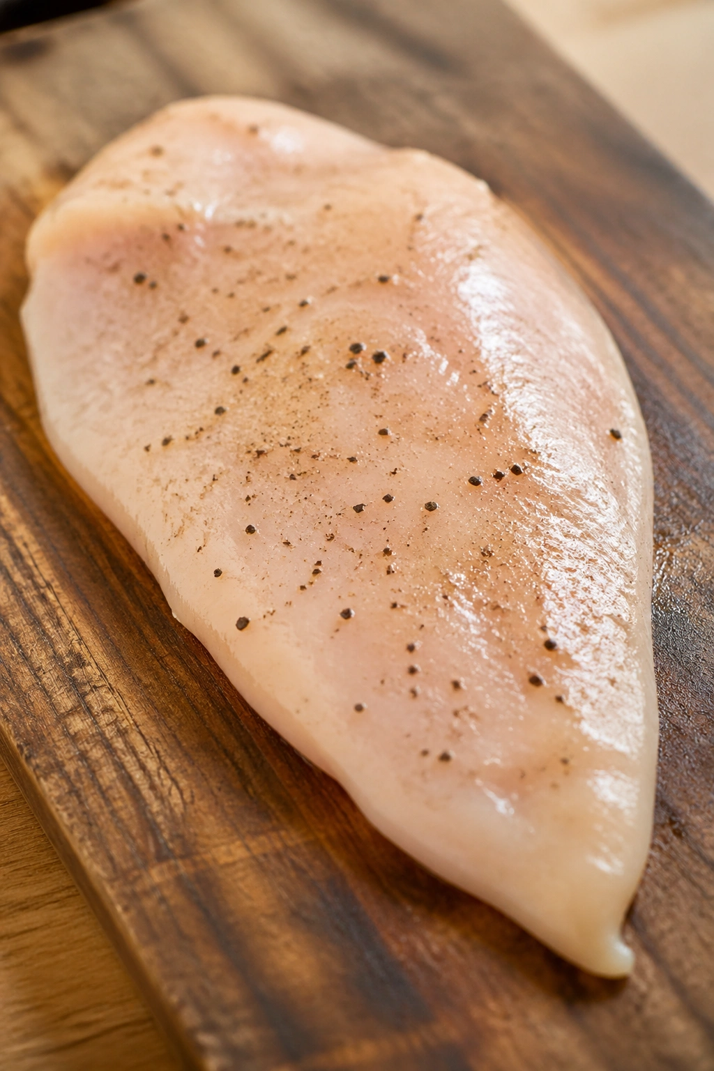 Close-up of a pounded boneless chicken breast on a wooden cutting board