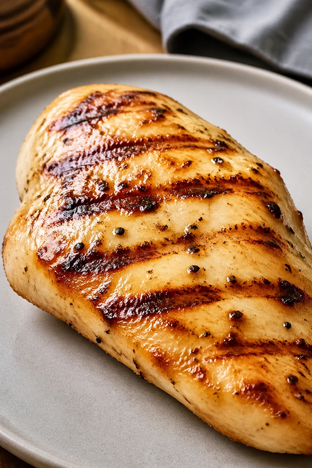 Grilled chicken breast on a plate in a kitchen
