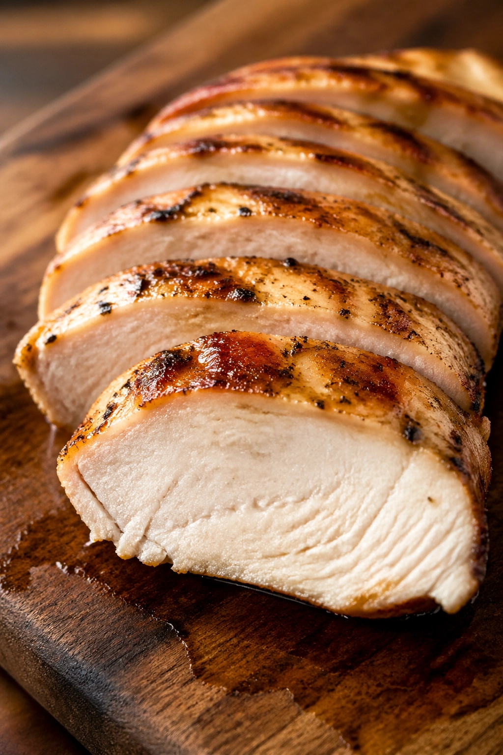 Close-up of juicy chicken breast slices on a wooden board, lean post-workout protein
