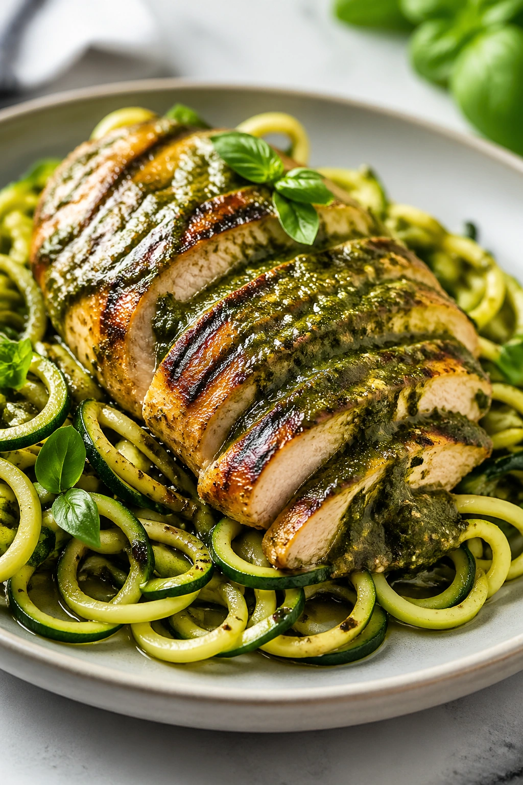 Grilled chicken breast with pesto and zucchini noodles