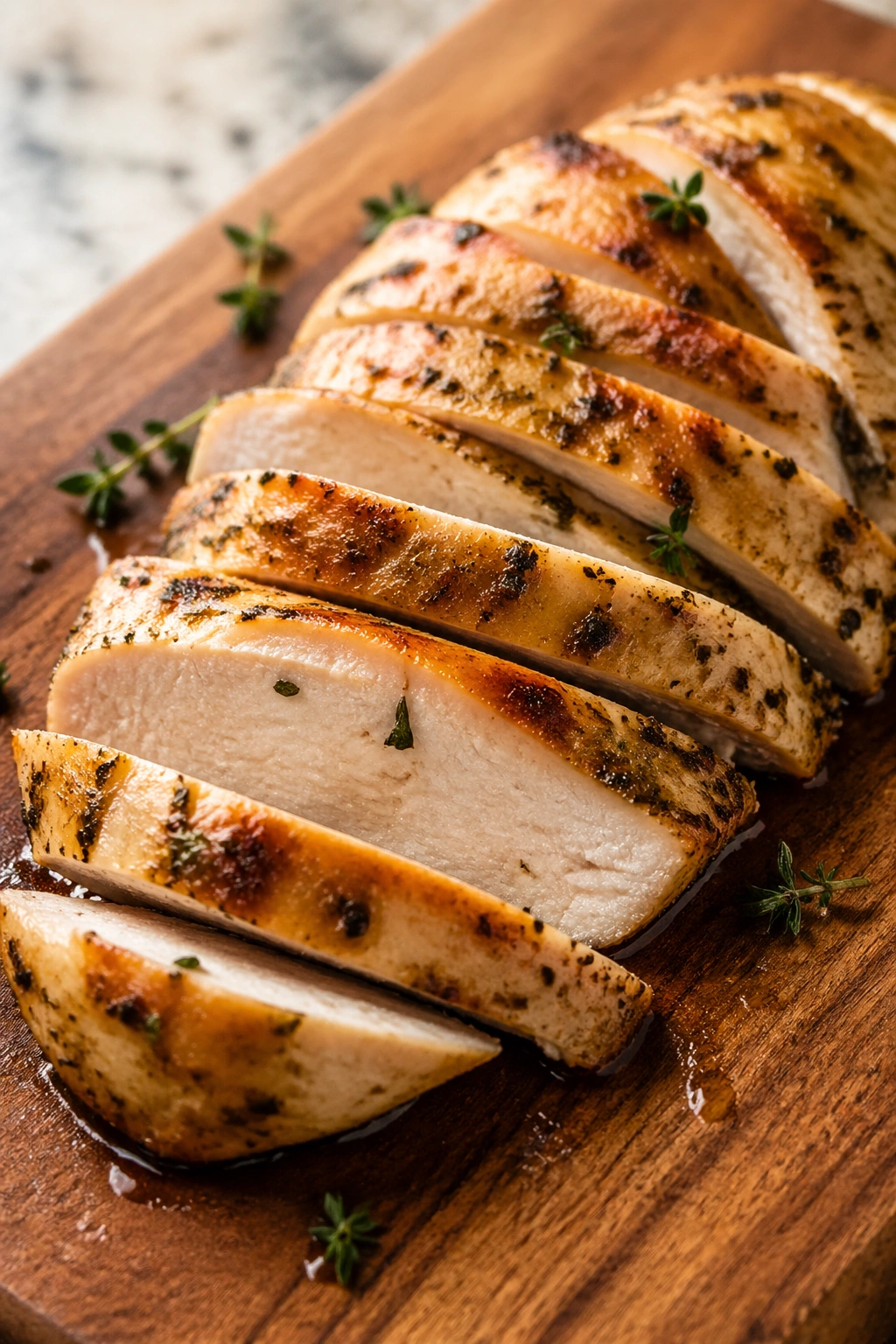 Sliced chicken breast on cutting board in bright kitchen