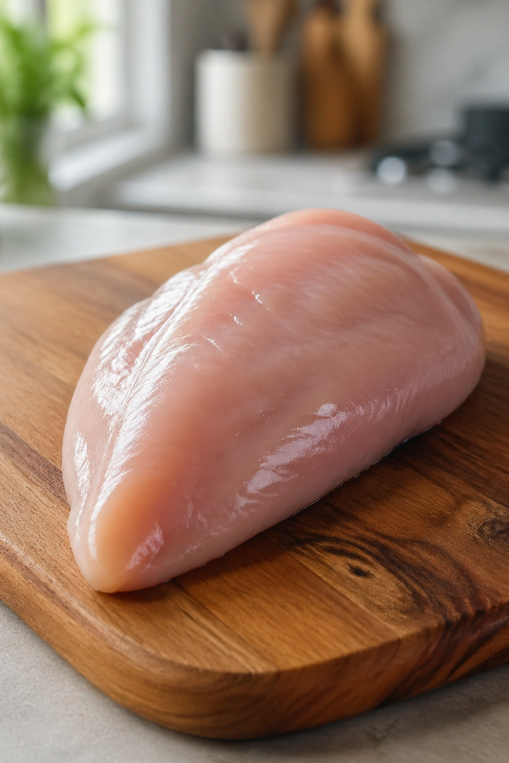 Raw chicken breast on a cutting board in a kitchen