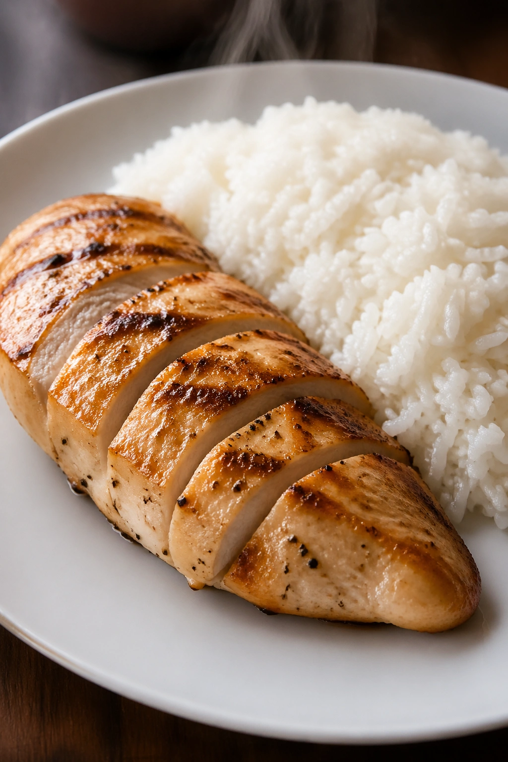 Plate of chicken breast and white rice as a post-workout meal