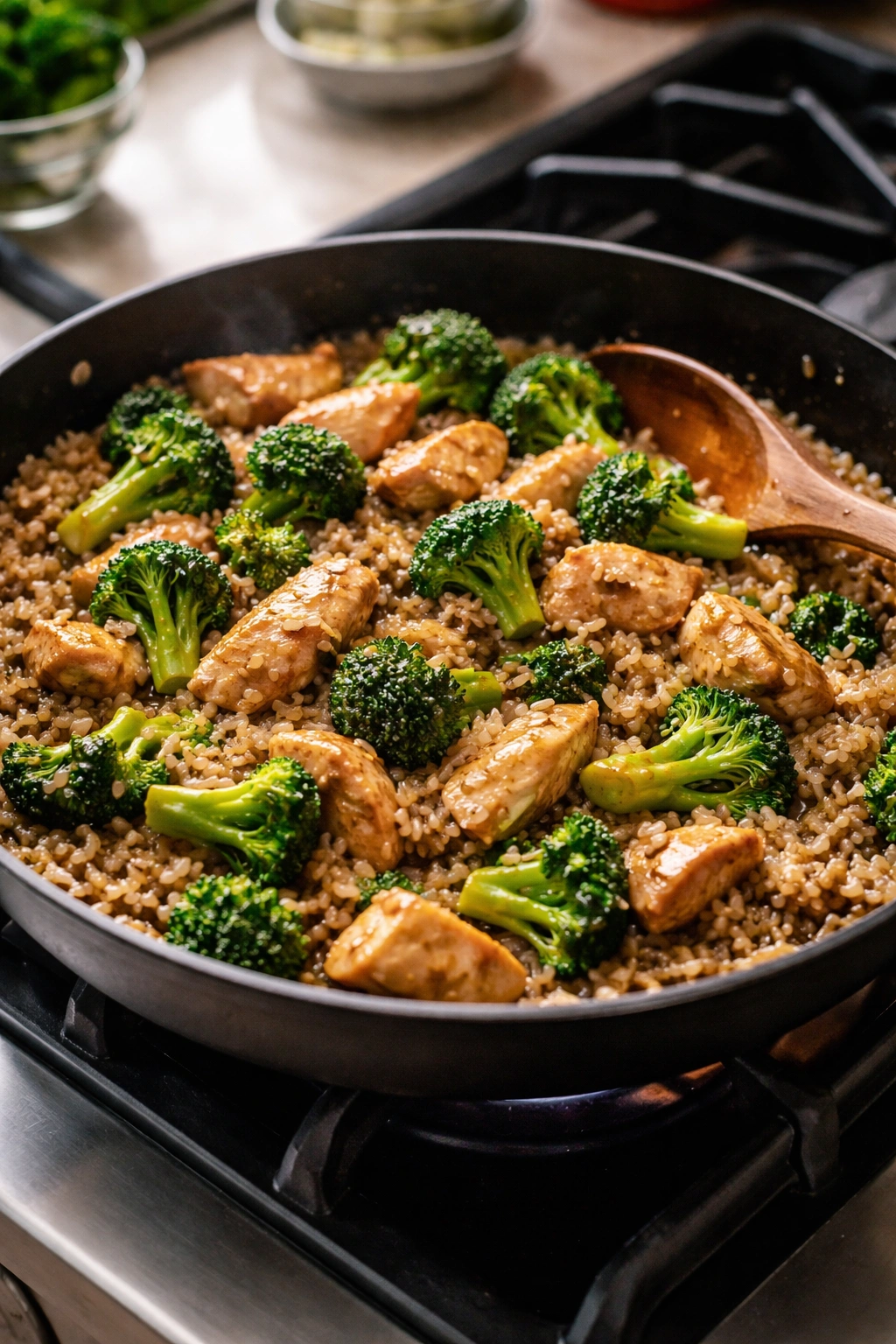 Close-up of chicken and broccoli stir-fry with brown rice in a skillet.