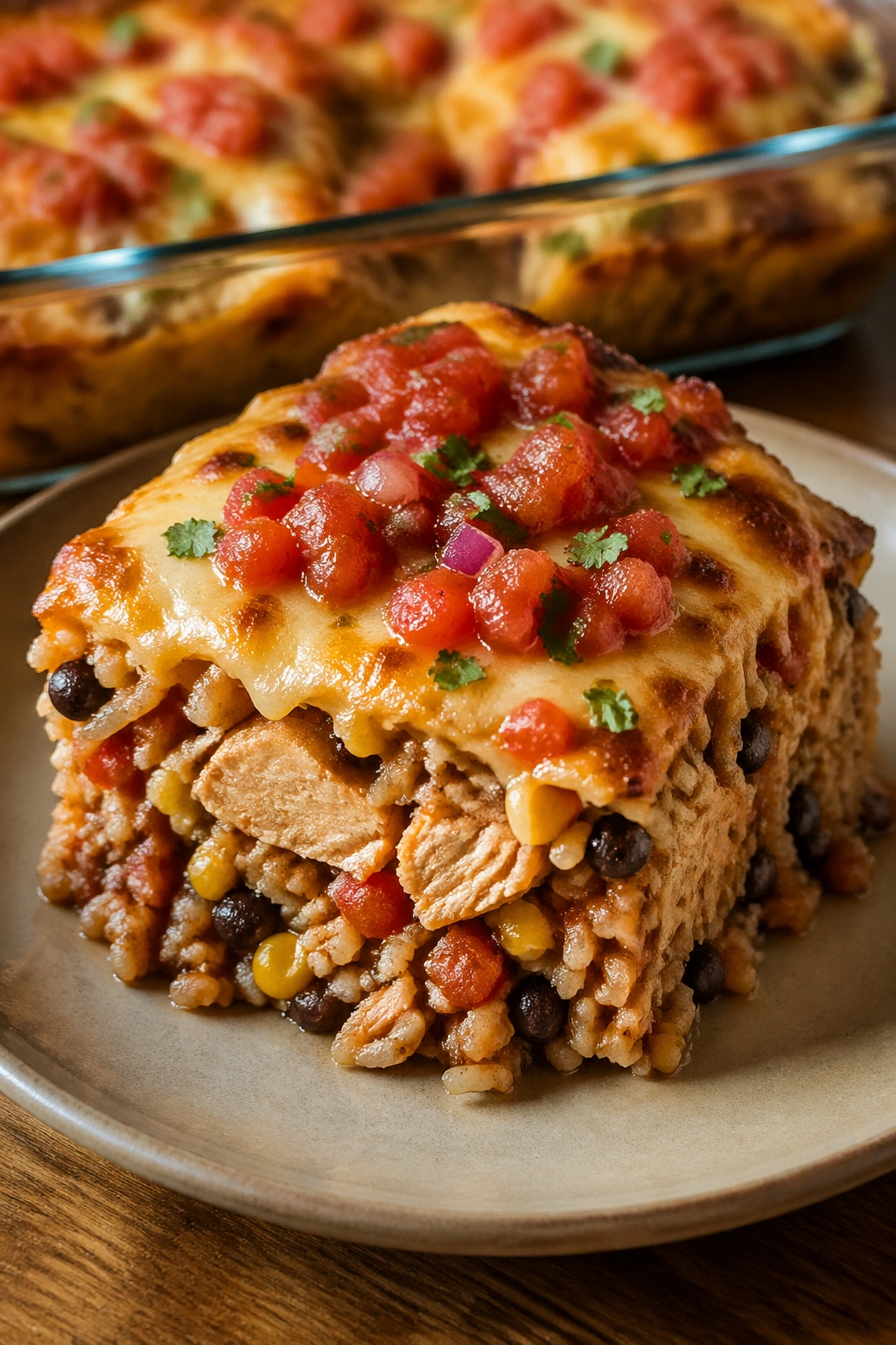 Slice of chicken burrito bake with rice and salsa on a plate