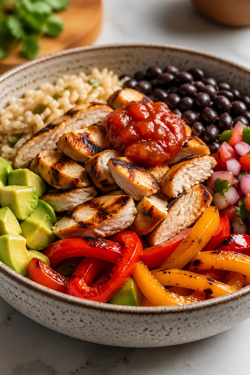 Single burrito bowl with chicken, beans, peppers, rice, and salsa on a kitchen counter