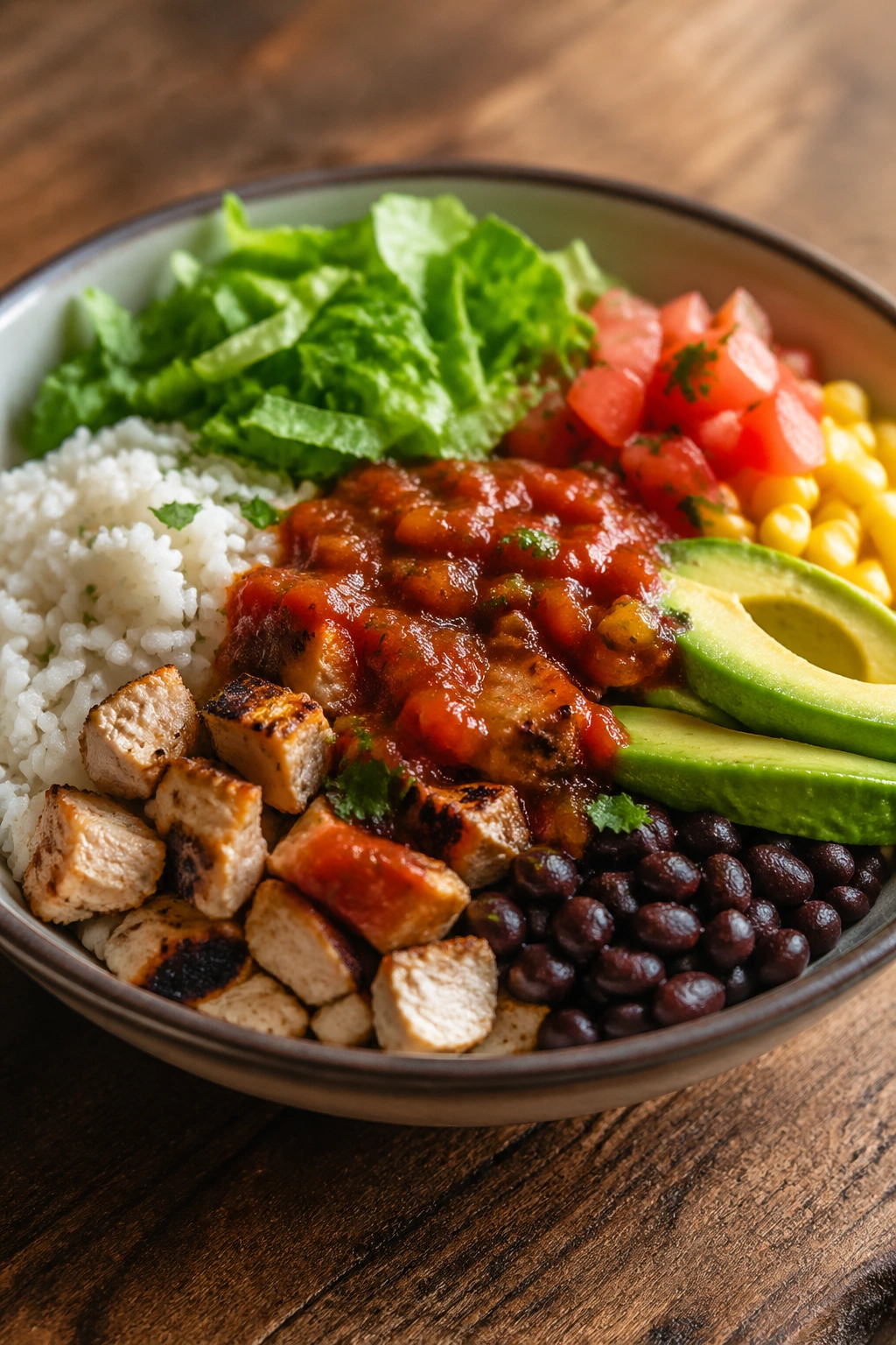 Close-up of a chicken burrito bowl with black beans, rice, corn, lettuce, salsa and avocado on a wooden counter.