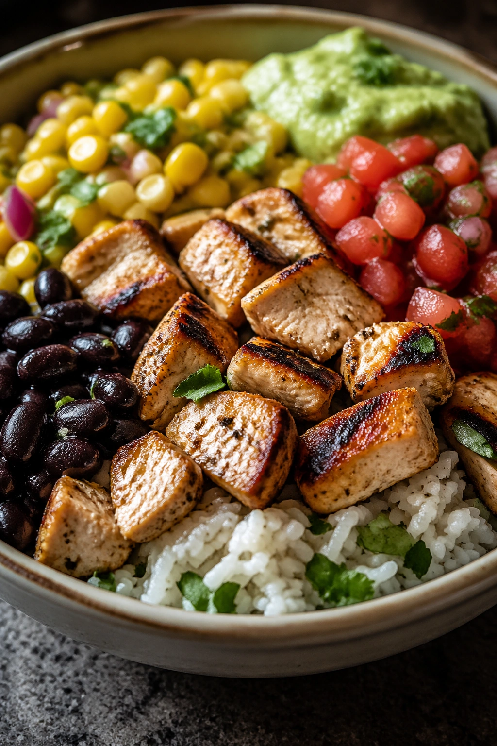 Close-up of chicken burrito bowl with rice and beans