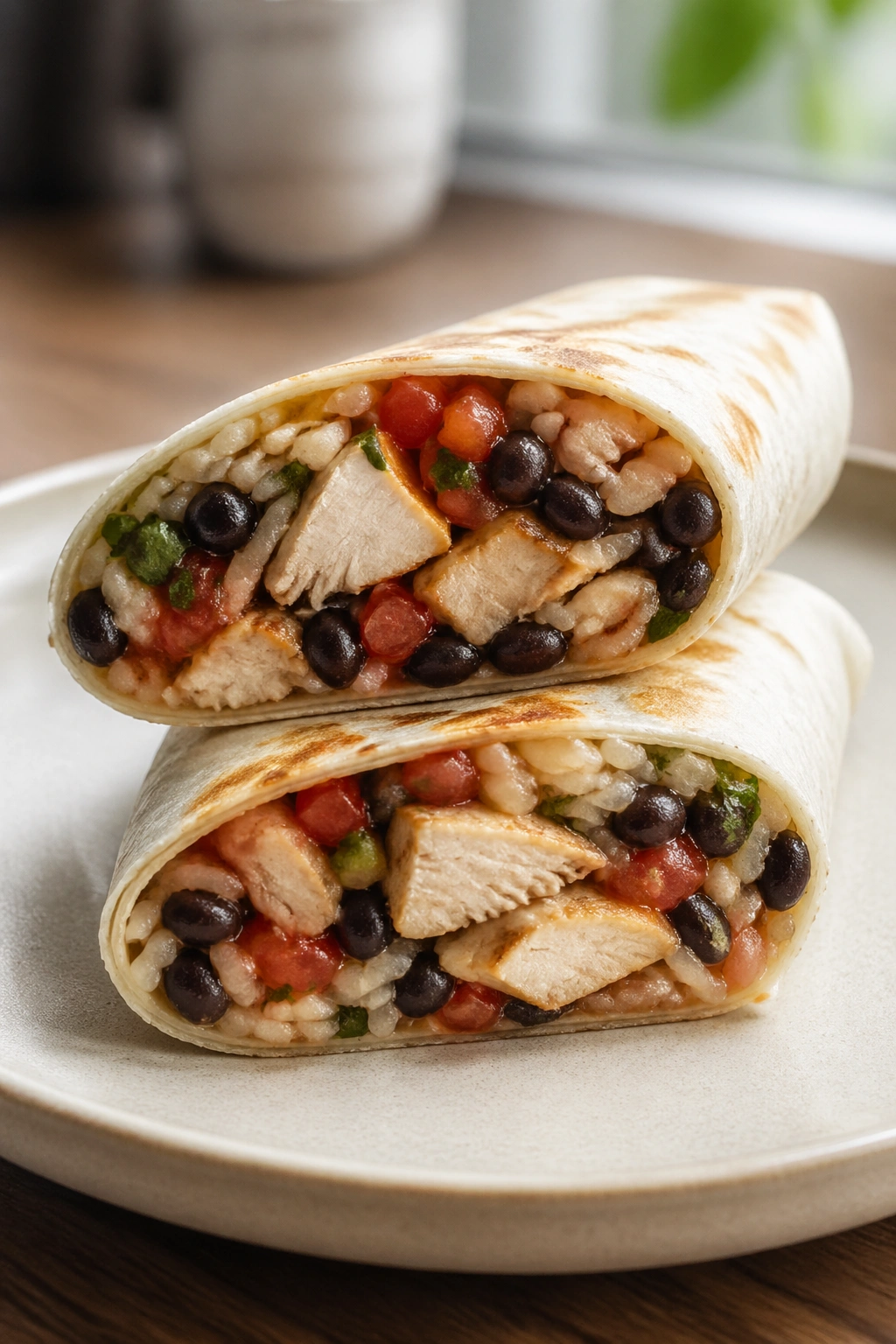 Chicken burrito wrap cut to reveal filling: beans, rice, chicken and salsa
