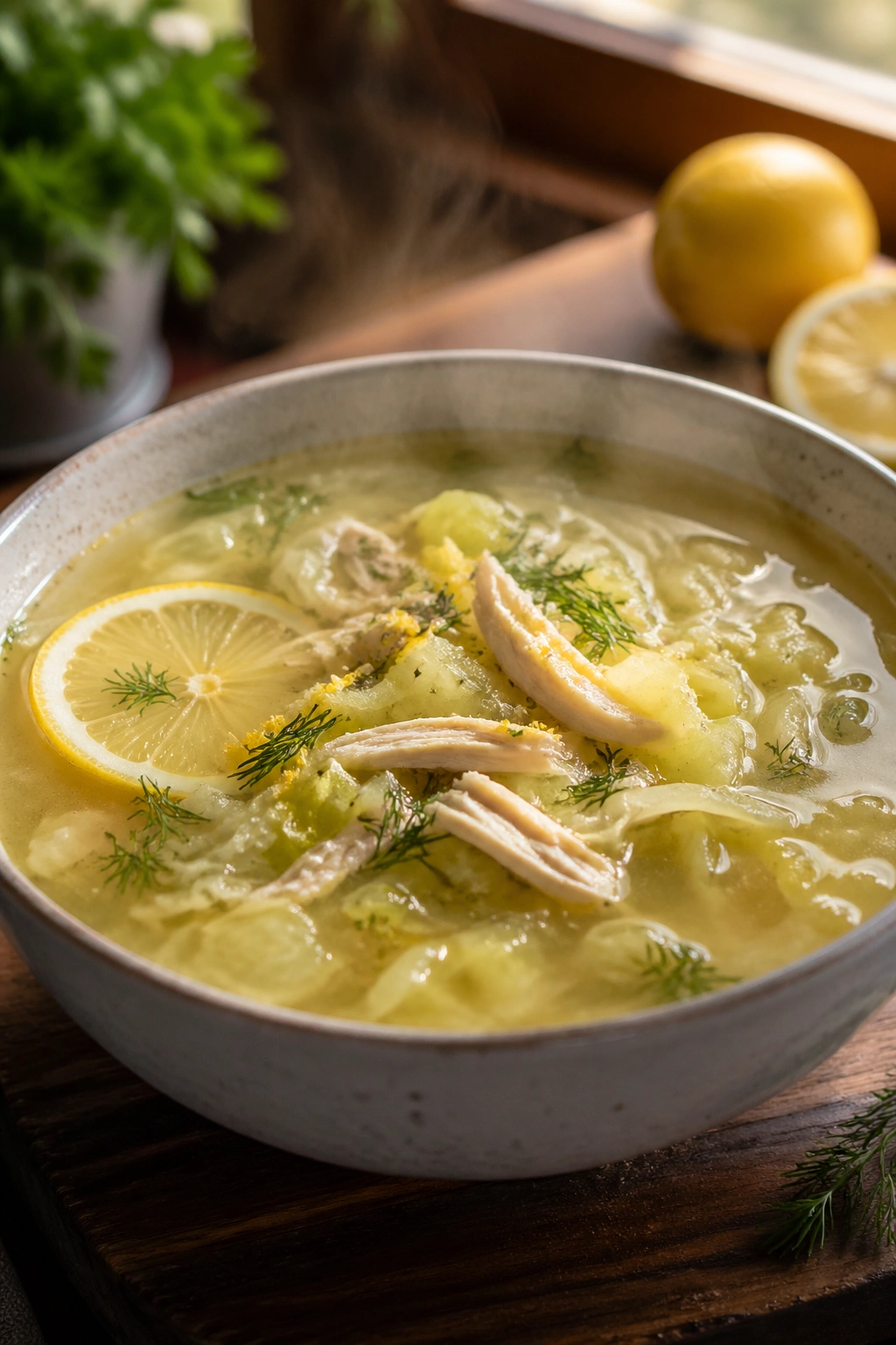 Close-up of a steaming bowl of chicken and cabbage soup with lemon and dill