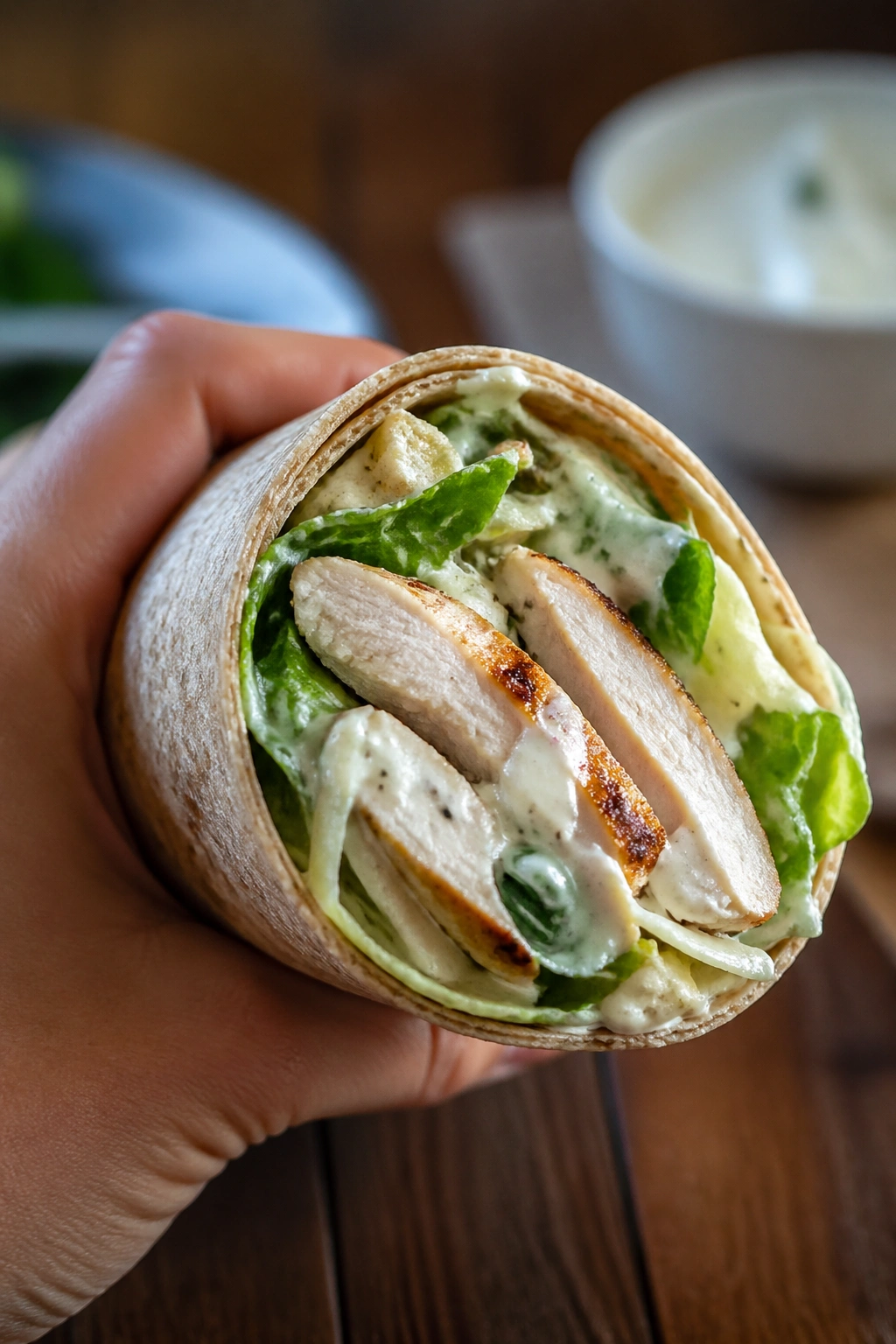 Close-up of Chicken Caesar Wrap in a kitchen setting