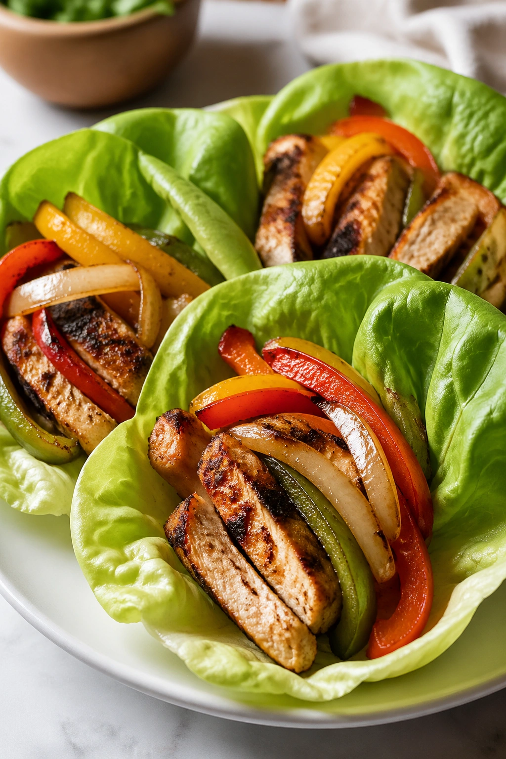 Chicken fajita lettuce wraps on plate