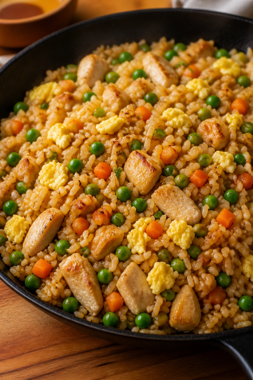 Medium-close-up of chicken fried rice with eggs and peas in a skillet
