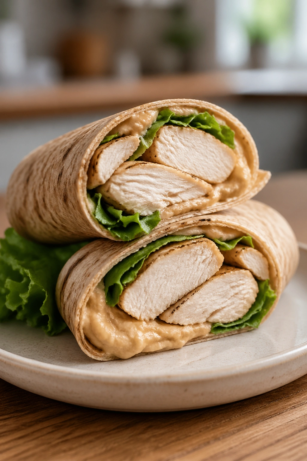 Close-up of a chicken and hummus wrap cut open to show filling on a plate