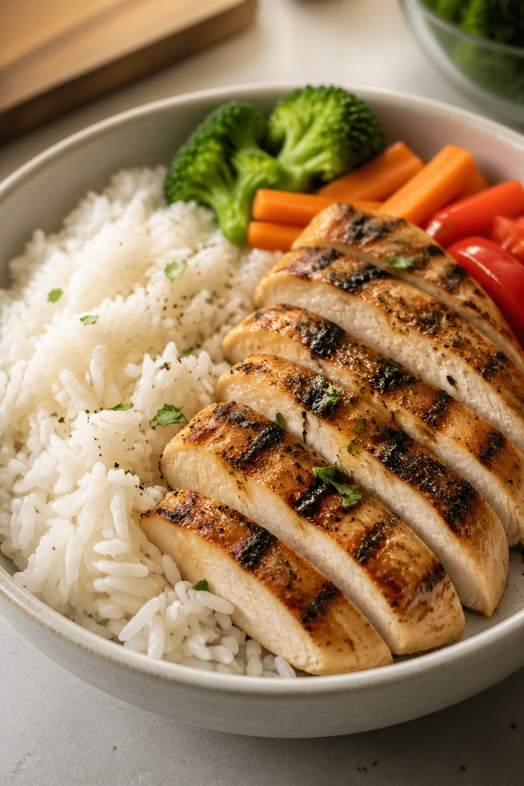 Close-up of chicken and jasmine rice bowl with vegetables