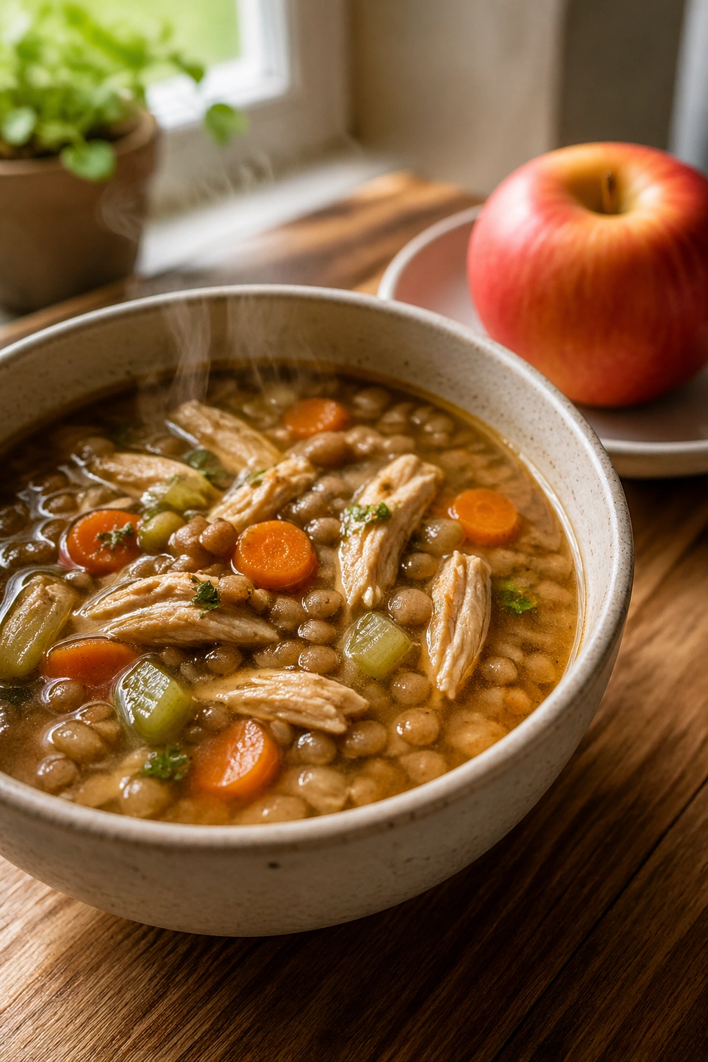 Close-up of chicken and lentil soup with side fruit