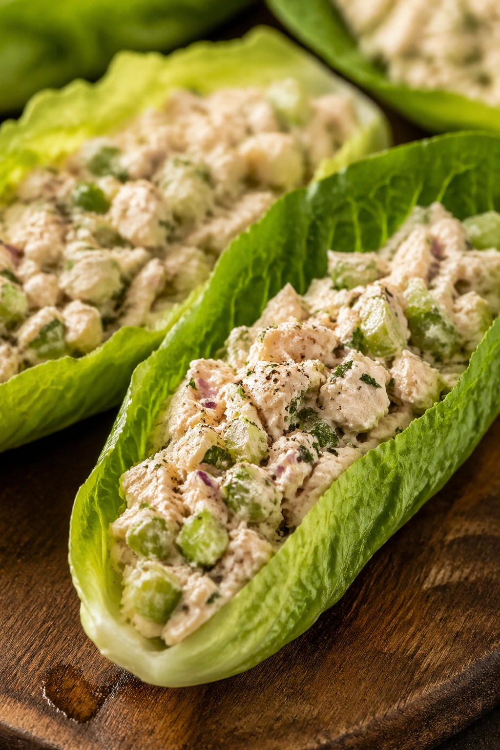Close-up of chicken salad wrapped in romaine lettuce boats on a wooden board