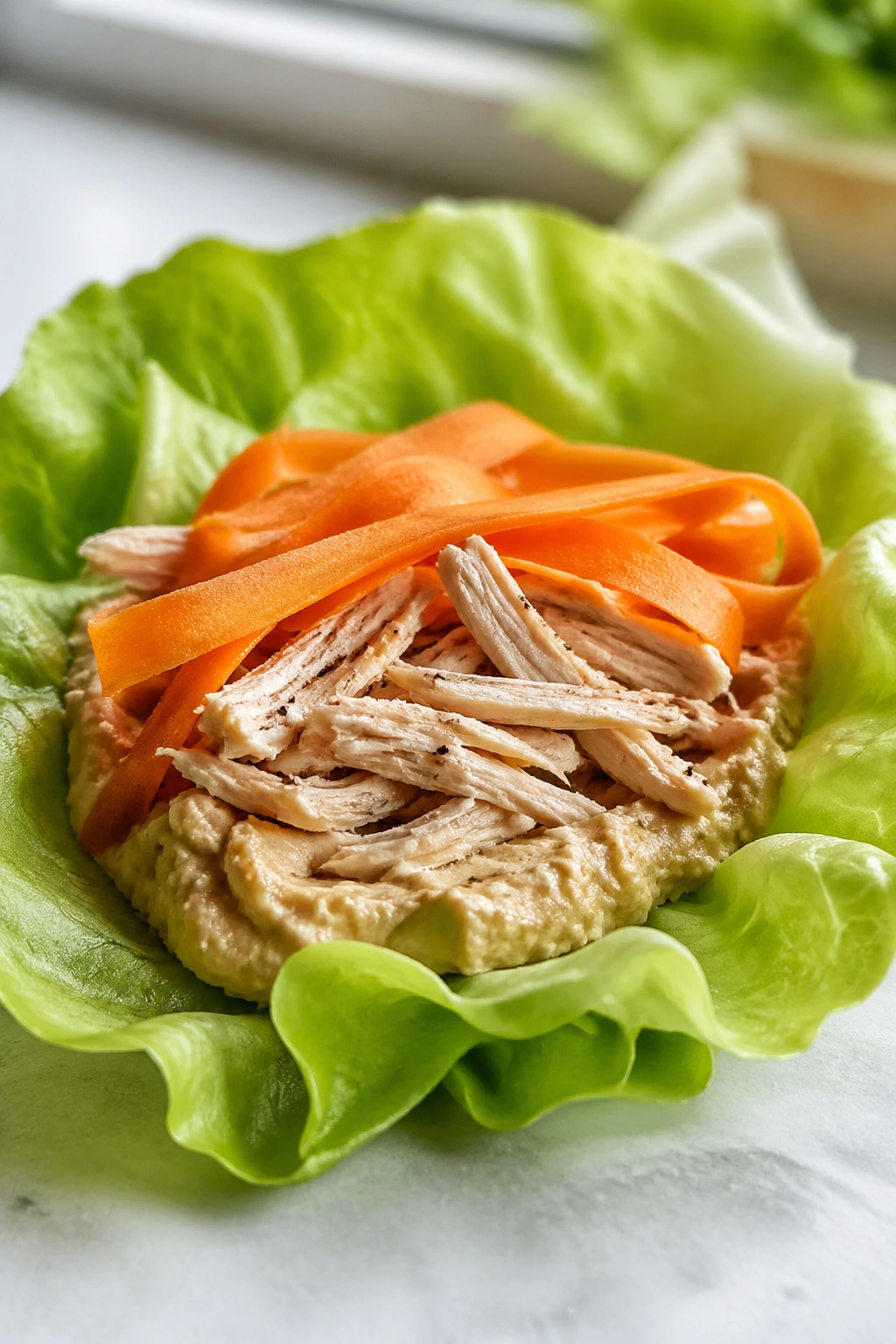 Close-up of a lettuce wrap filled with chicken, hummus, and carrot on a kitchen counter