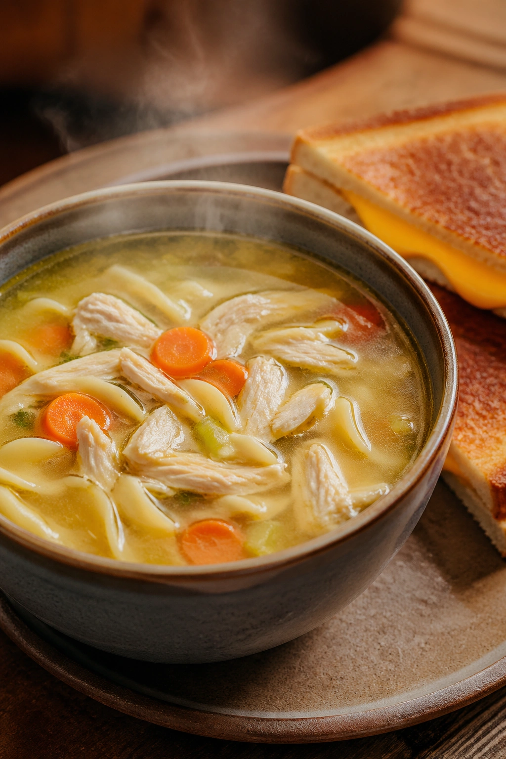Close-up of chicken noodle soup with a sandwich on the side