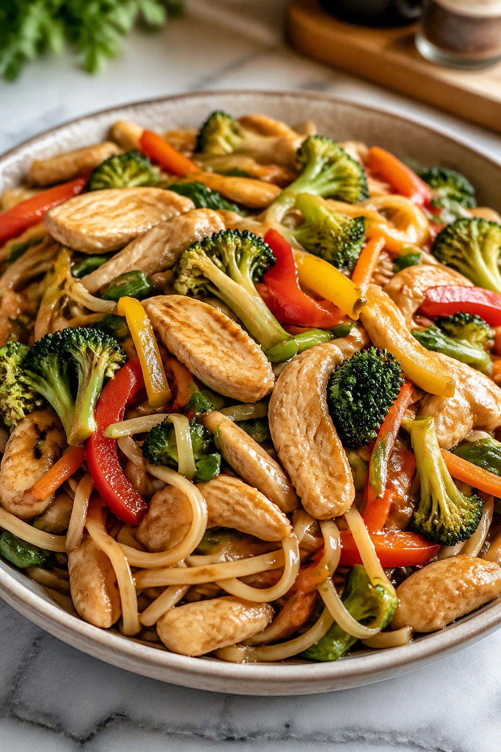 Noodle stir-fry with chicken and vegetables in a bright kitchen