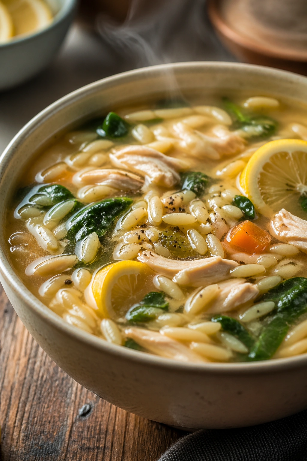 Steaming bowl of chicken orzo soup with spinach and lemon