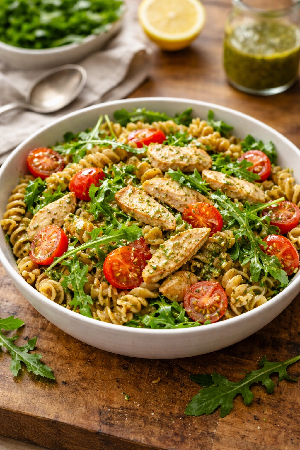 Close-up of chicken pesto pasta salad with arugula and cherry tomatoes in a bowl