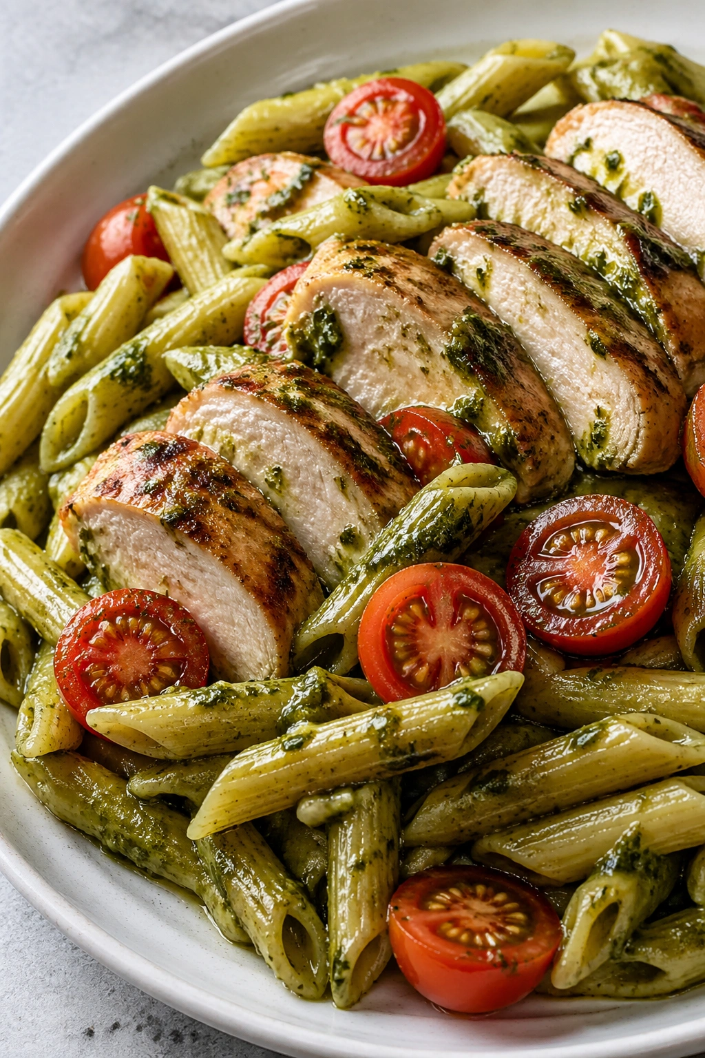 Close-up of pesto pasta with chicken and cherry tomatoes on a plate