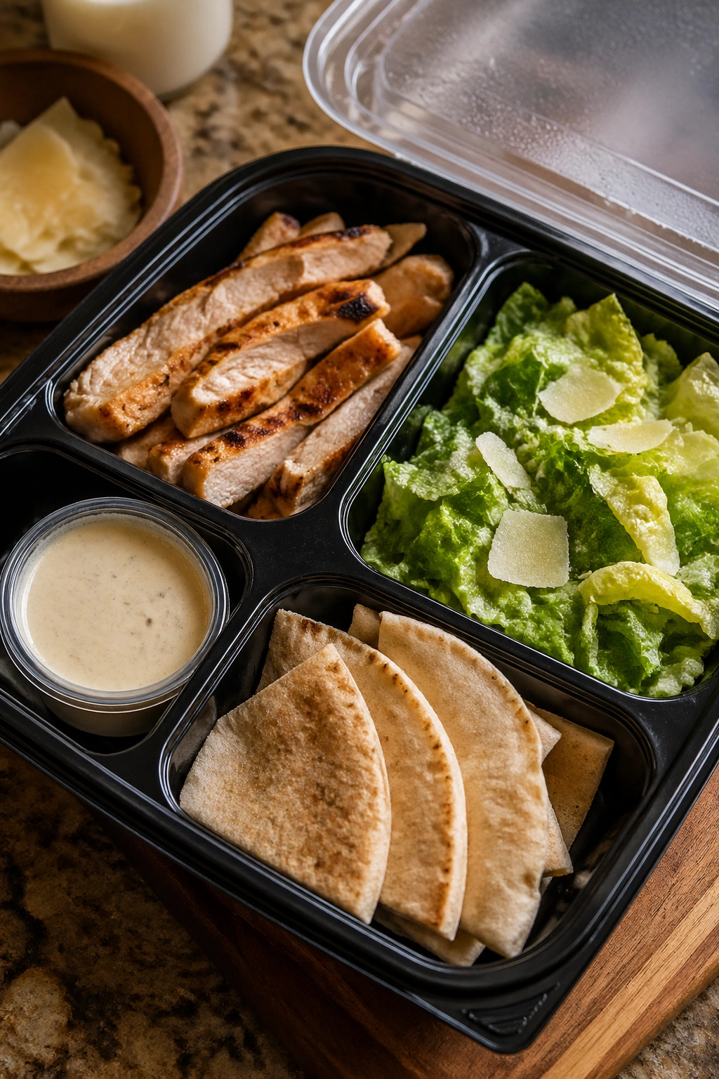 Close-up of Chicken Caesar Pita Boxes with chicken, romaine, parmesan, and pita wedges in a meal-prep container on a kitchen counter