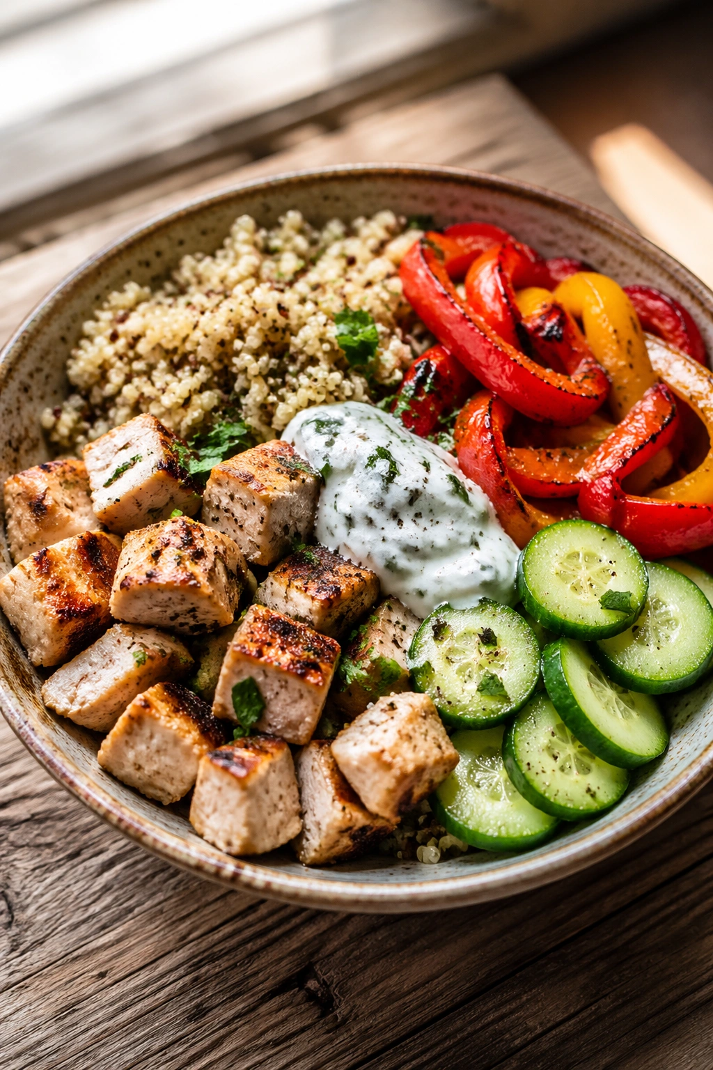 Close-up of a chicken quinoa bowl with peppers and cucumber in a sunlit kitchen