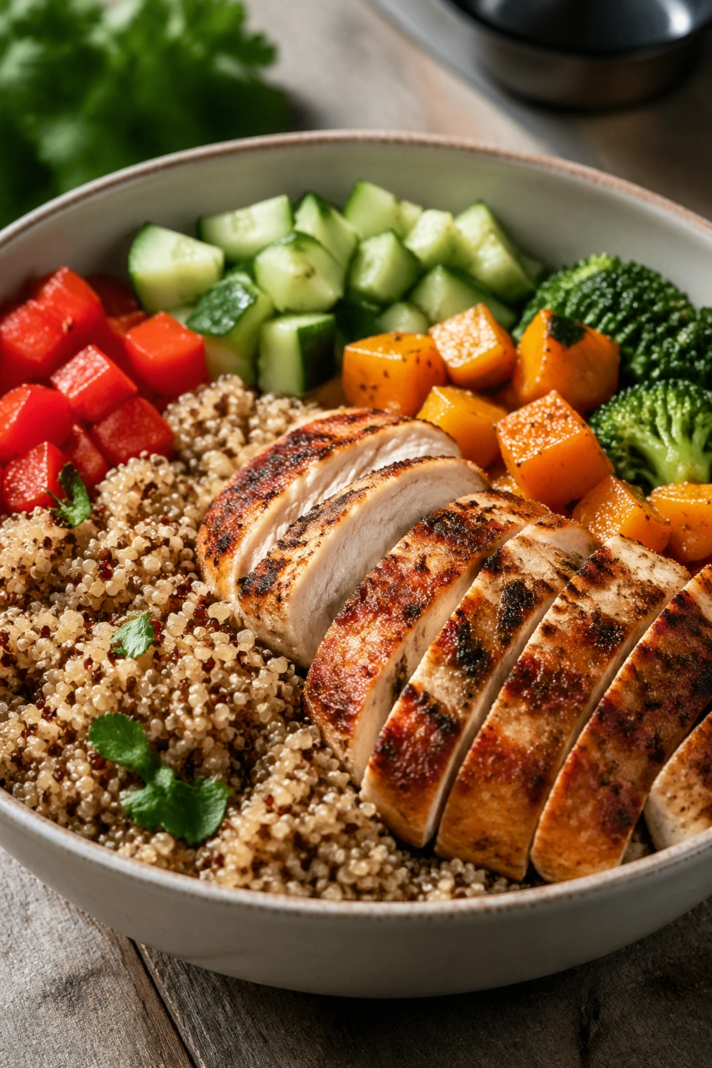 Close-up of a chicken quinoa bowl with vegetables in a rustic kitchen.
