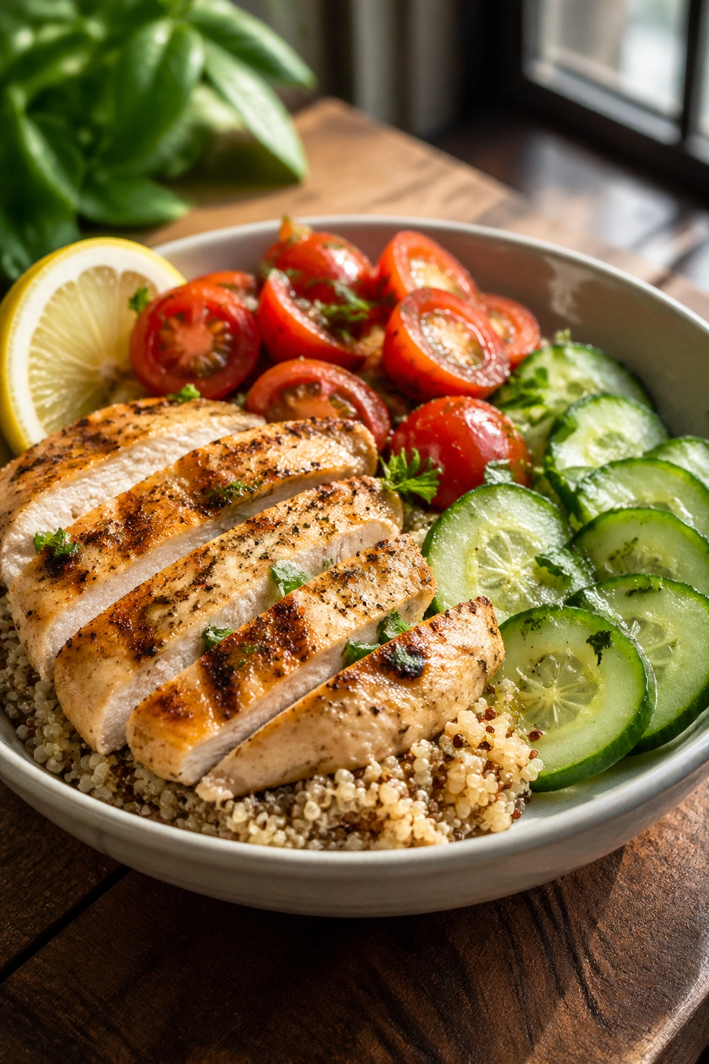 Chicken quinoa bowl with cucumber and lemon on rustic table