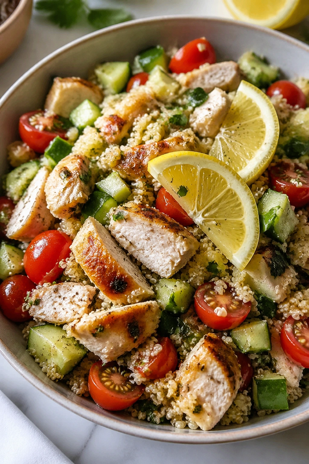 Close-up of chicken quinoa lemon salad in a bright bowl