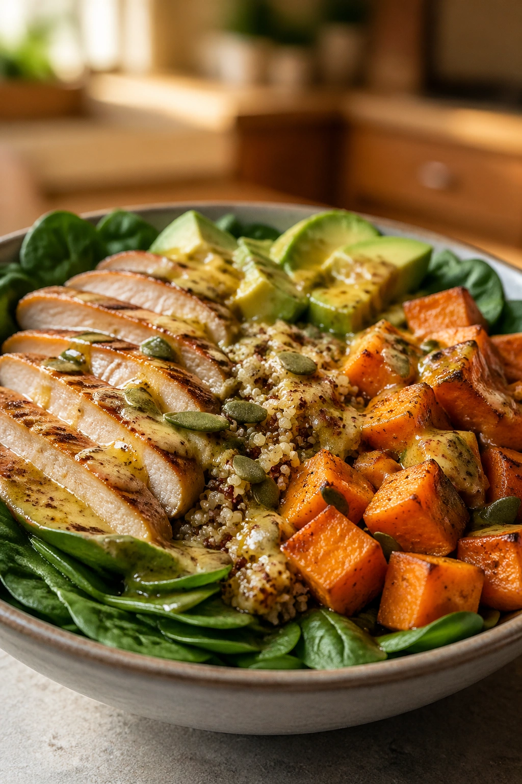 Bowl of chicken quinoa and roasted sweet potato with avocado and pumpkin seeds