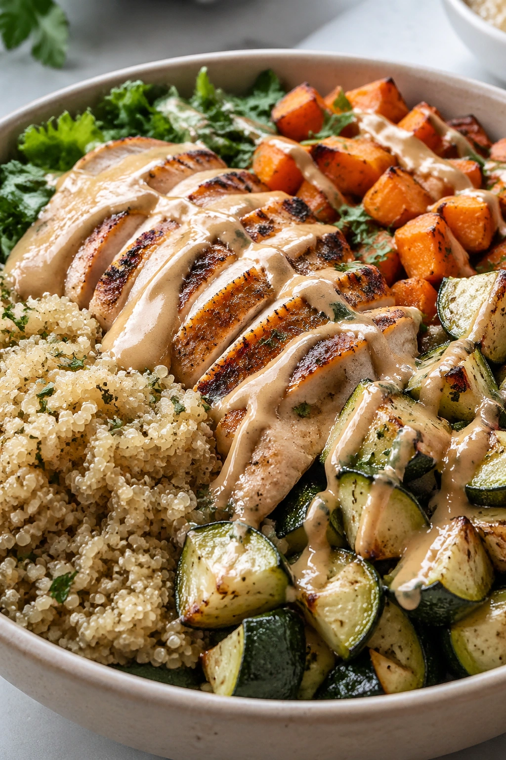 Colorful chicken quinoa bowl with roasted vegetables and tahini on a bright kitchen counter