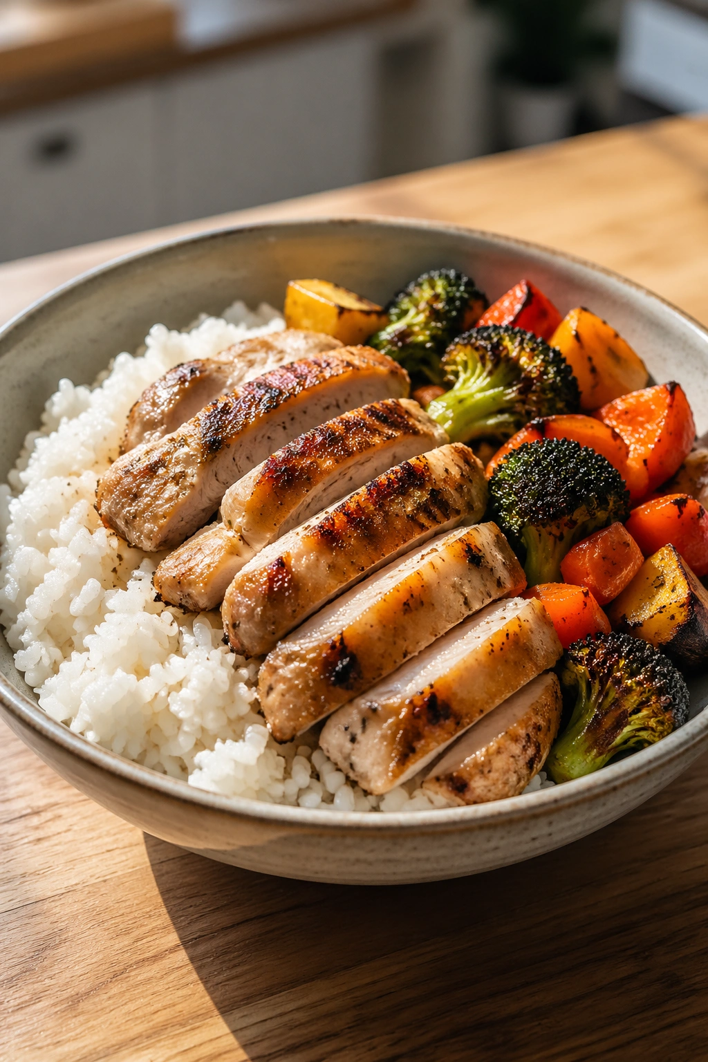 Close-up of chicken rice bowl with vegetables on a wooden table