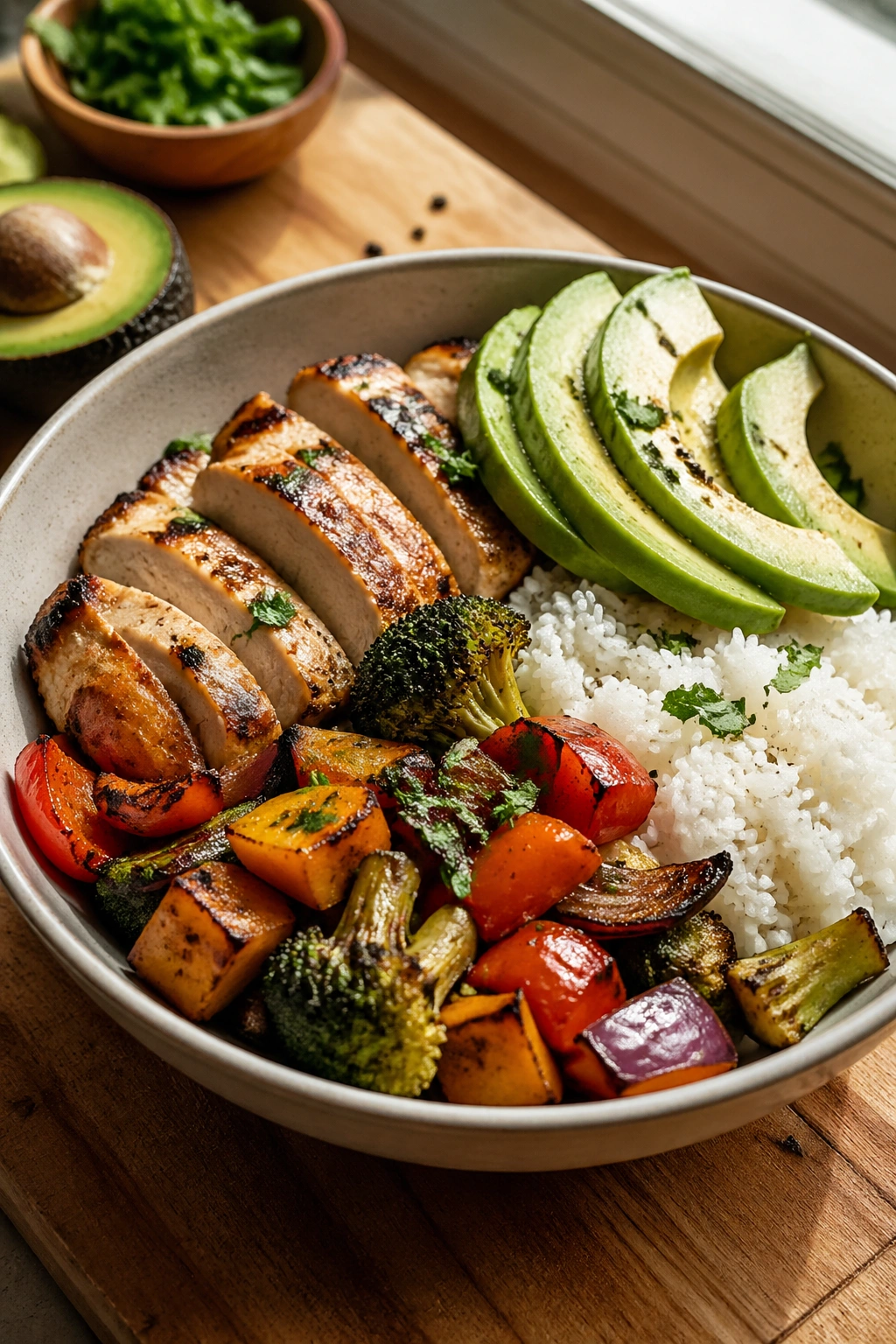 Close-up of a chicken rice bowl with roasted vegetables and avocado
