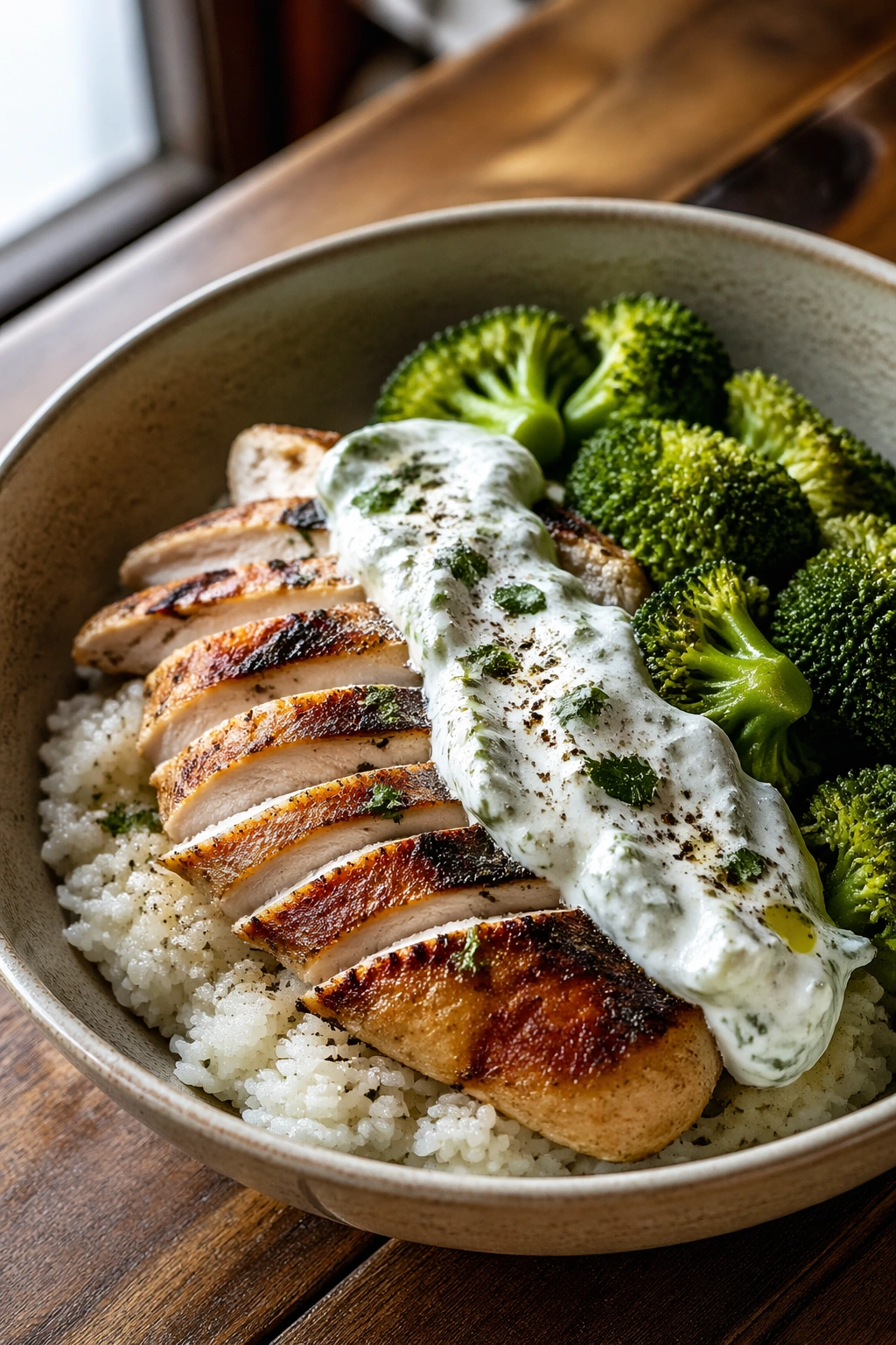 Close-up of meal-prep chicken rice bowl with broccoli and yogurt sauce on a wooden table