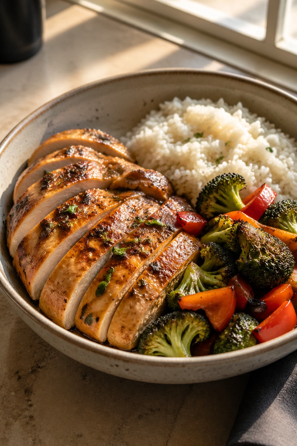 Close-up of a chicken rice bowl with broccoli and peppers on a wooden table, gym lunch prep