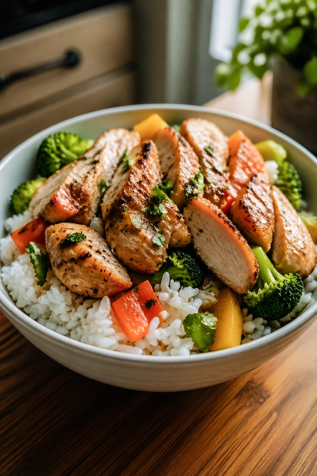 Close-up of chicken and rice bowl on a wooden table with vegetables
