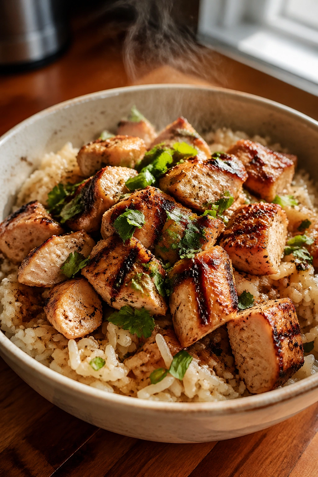 Close-up of a steaming bowl of chicken and rice dominating a wooden kitchen countertop