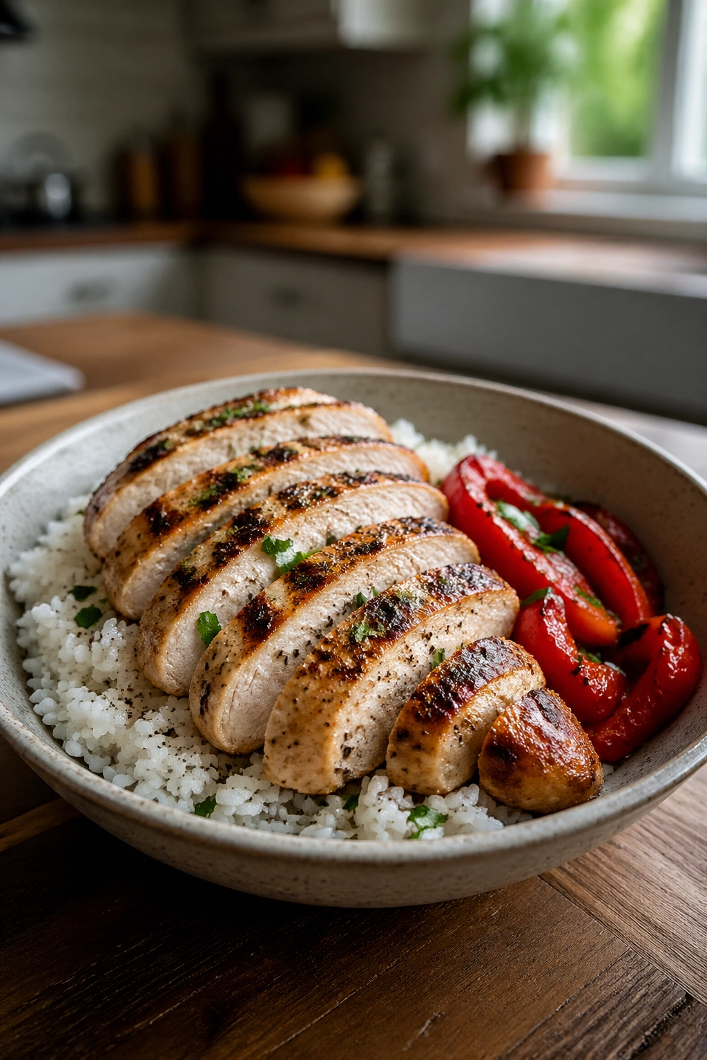 Close-up of a chicken and rice bowl with peppers on a wooden table