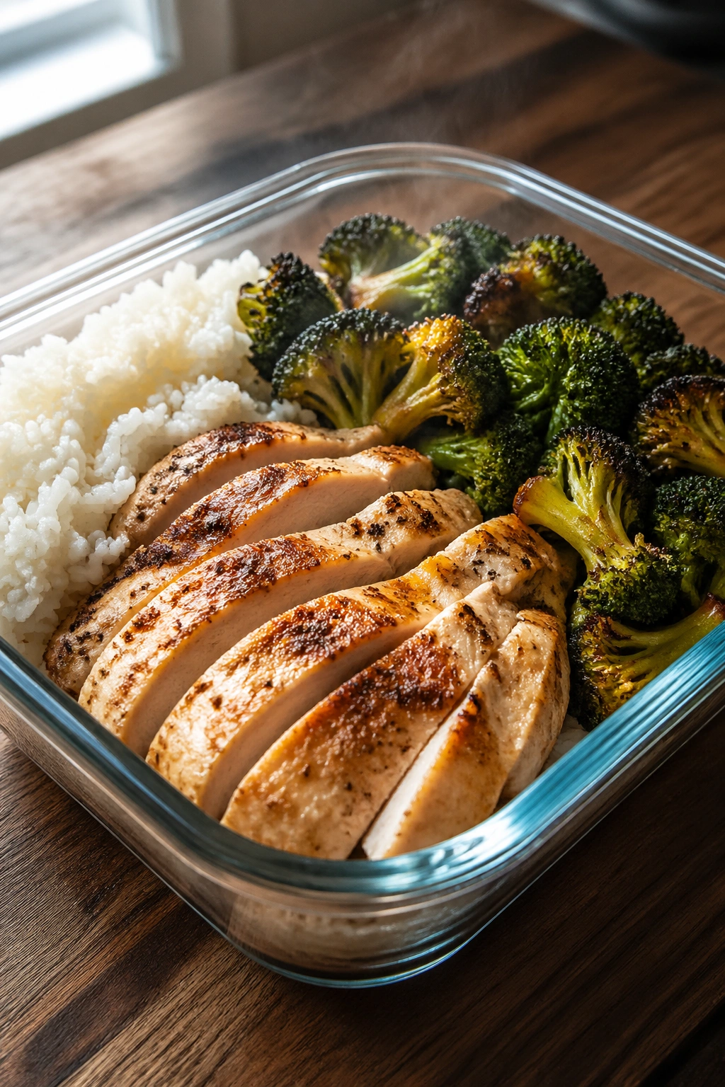 Close-up of a chicken rice broccoli bowl in a meal-prep container on a wooden counter