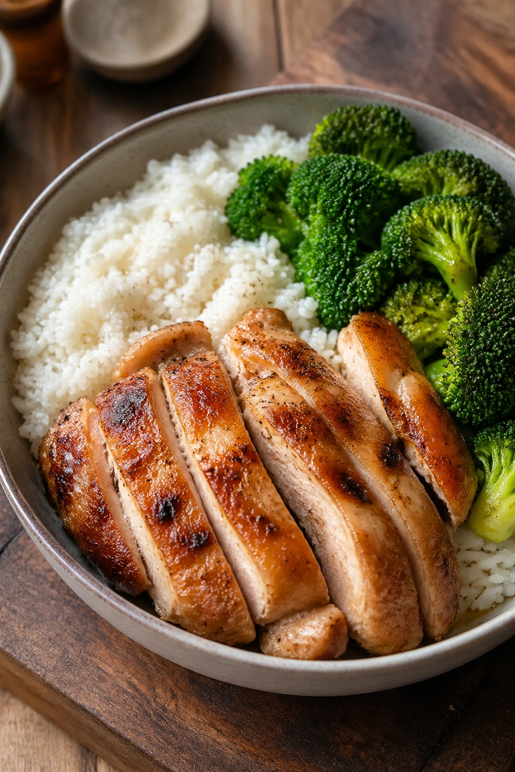 Close-up of chicken rice broccoli bowl on a wooden kitchen counter